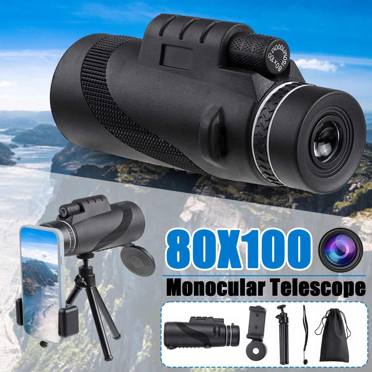 80x100 HD Monocular Starscope Telescope Monocular BAK4 Prism Lens Phone Camera Zoom Starscope Monocular Telescope