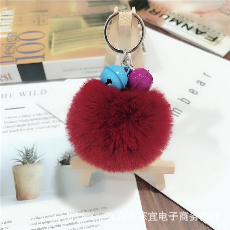 -love 8cm faux rex kanin pom-pom nøglering tiy kontrast farve klokke par taske tilbehør sydkorea små smykker tilbehør: Vinrød farve