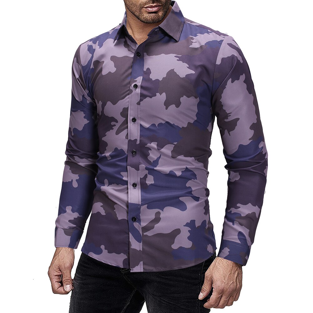 Efterår herre camouflage skjorter herre slim fit casual skjorte toppe mænd camo langærmet skjorte m -3xl