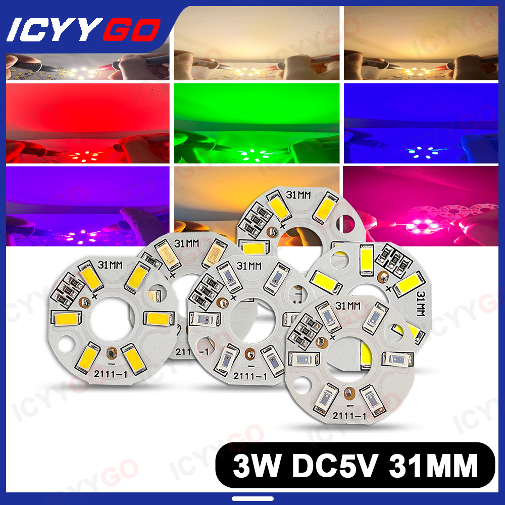 Baixa tensão redonda LED fonte de luz, DIY painel, branco quente, 4000K, 3W, 5V, vermelho, azul, verde, rosa, roxo, 31 milímetros