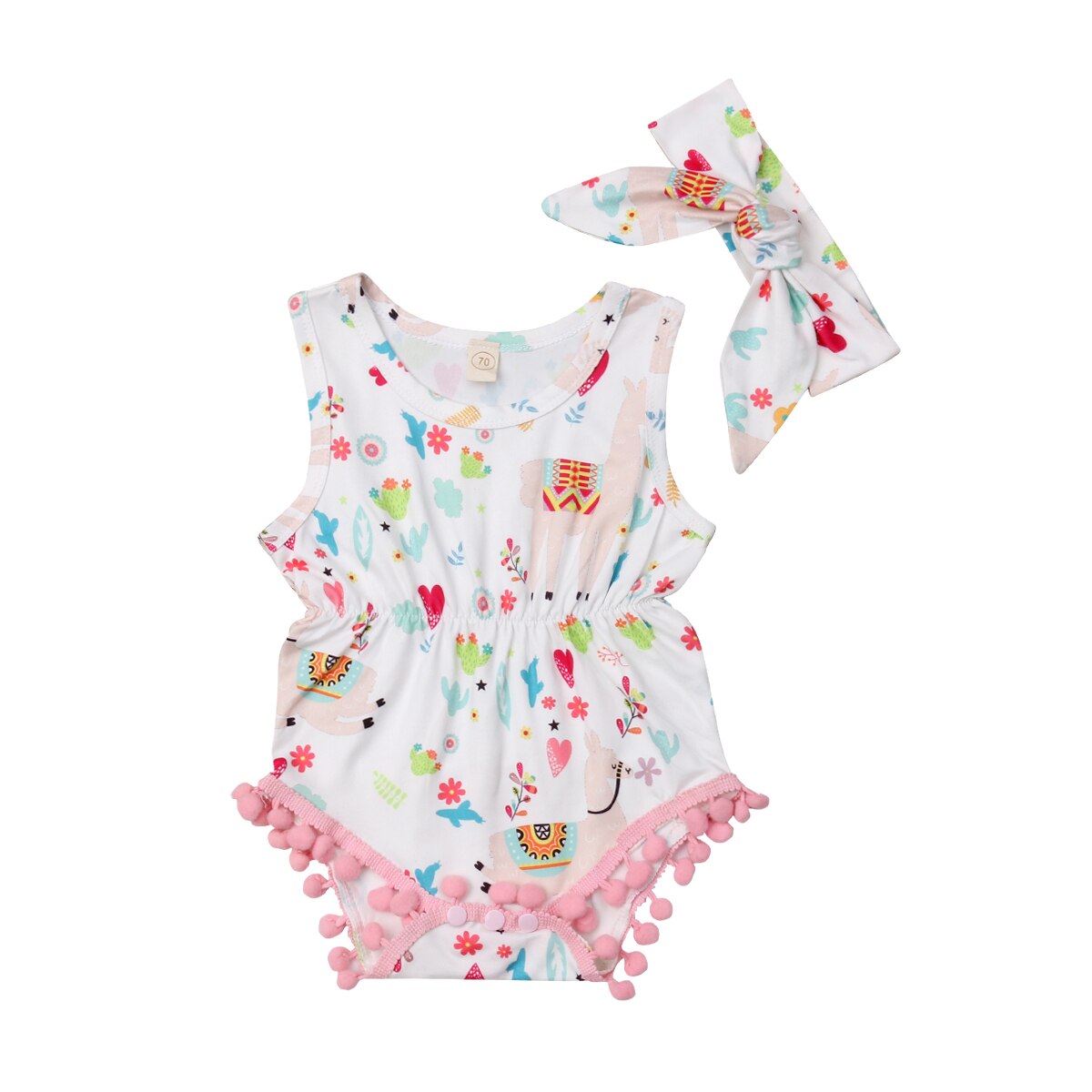Neue Neugeborenen Kleinkind freundlicher Baby Mädchen Junge Alpaka Bodys Quaste Ball Ärmelloses Drucken Elastische Taille Sommer Overall: Rosa / 9m