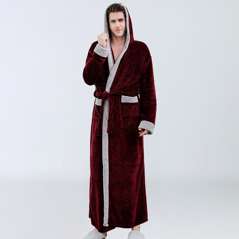 Mannen Kimono Gewaad Japanse Winter Pyjama Pluche Verlengd Sjaal Badjas Home Kleding Lange Mouwen Gewaden Jas Mannelijke Hombre: wine red / M