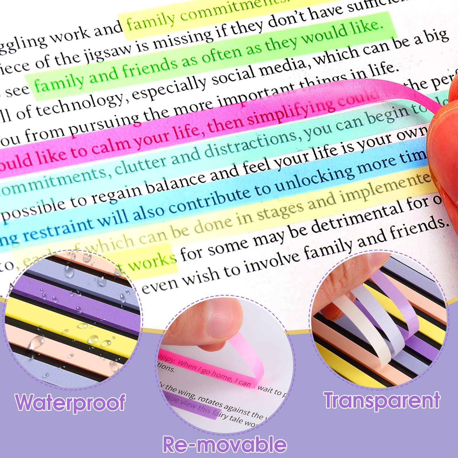 Pegatinas de índice de tiras largas multicolores, pestañas de índice grabables para anotaciones de libros, cinta resaltadora de macarrón para memoria de notas