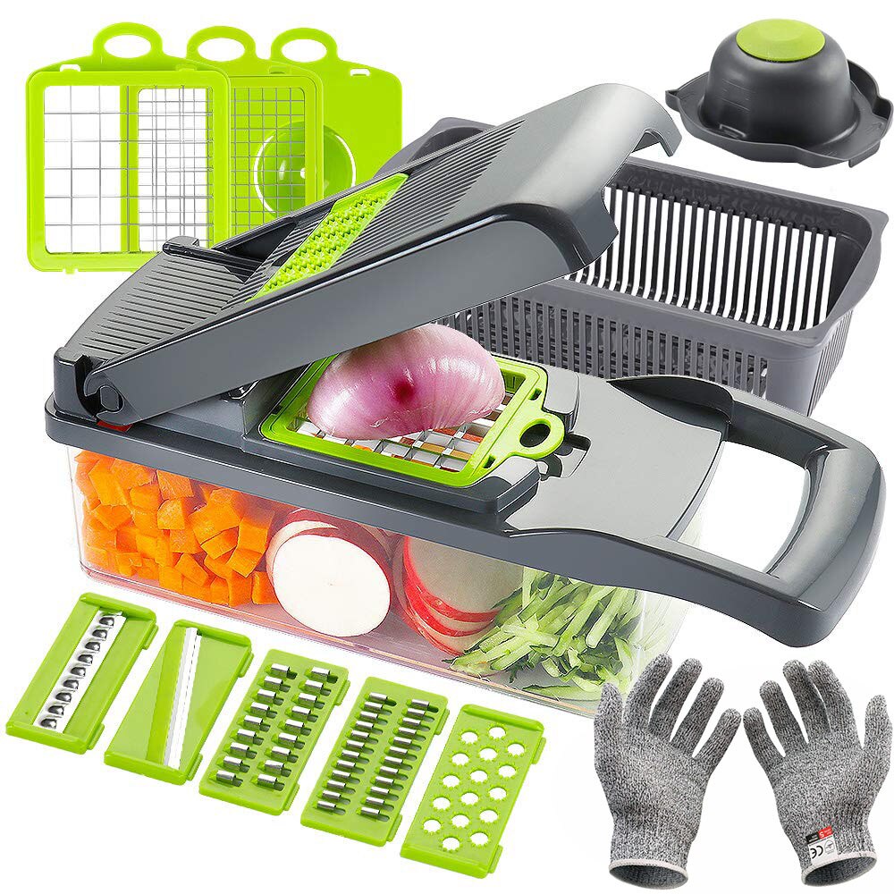 Multifunctional Vegetable Cutter Mandoline Slicer 8 Blades Vegetable Choppers With cut-resistant Gloves Onion Potato Slicer Dice: Gray  with gloves