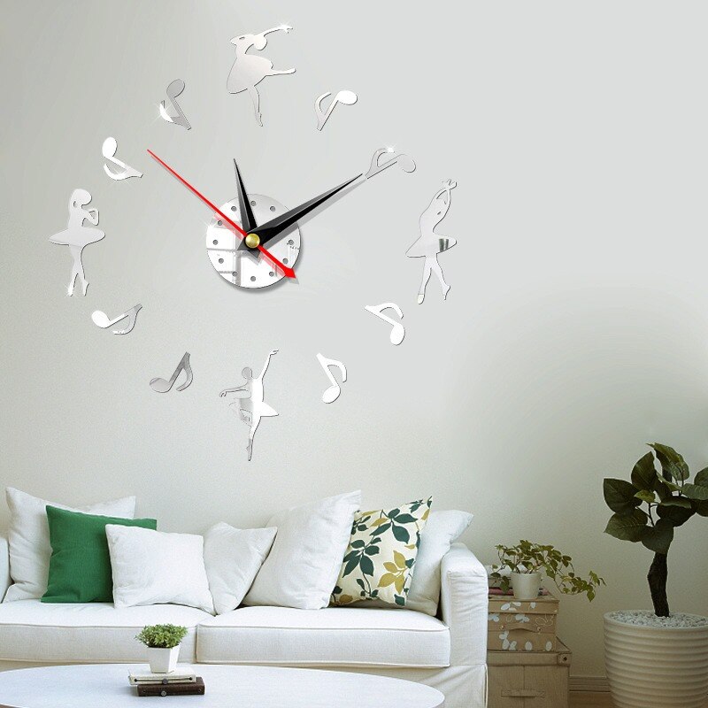 Reloj de pared grande DIY 3D, moderno, decoración para sala de estar, relojes, pegatinas de espejo acrílico, reloj de pared silencioso, estilo de música y baile
