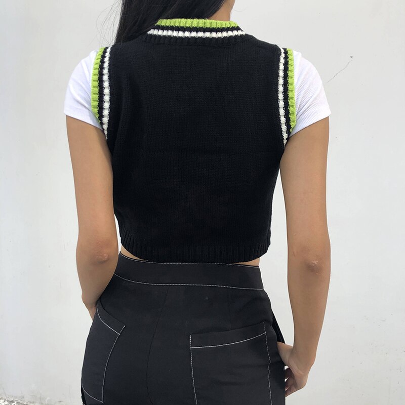 Colorful Argyle Plaid Knitted Sweater Vest Women Preppy Style Streetwear 90s Retro Striped Patchwork Sleeveless Knitwear