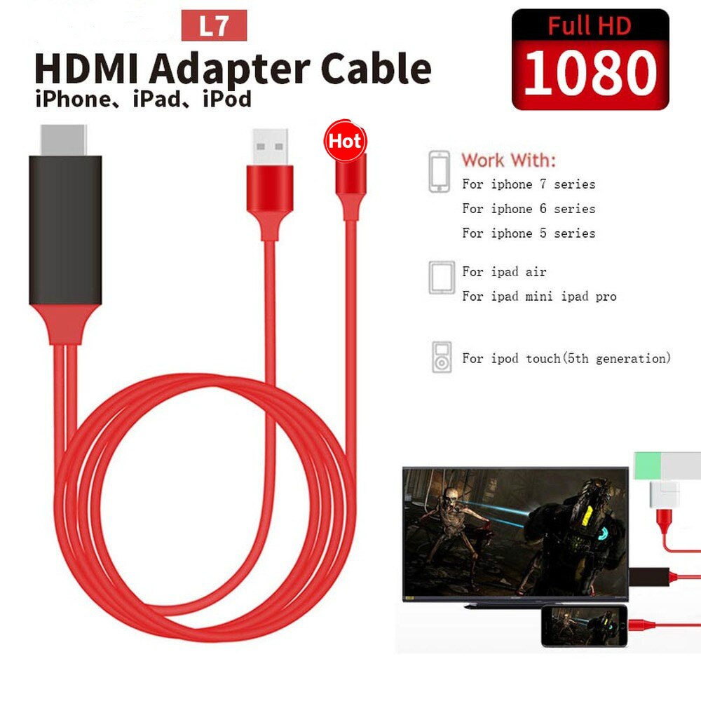 Cable de 2M compatible con HDMI para IPhone X, 8, 8 Plus, 7, 7 Plus, 6, 6s, 5, 5s, adaptador HDTV TV, HD1080P, compatible con HDMI