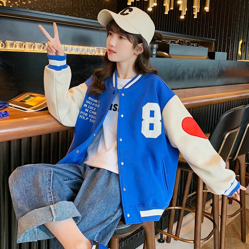 Chaqueta de béisbol con estampado de letras para niñas y adolescentes, chaqueta de béisbol con patrón de corazón, cárdigan grande, prendas de vestir, abrigos, color negro y azul, Primavera: Azul / 7
