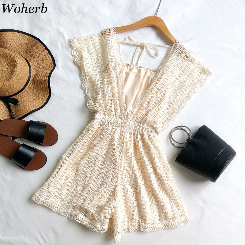 Woherb dam sommar playsuits ihåliga v-ringade spets jumpsuits med breda ben med hög midja kort jumpsuit strand lösa byxor
