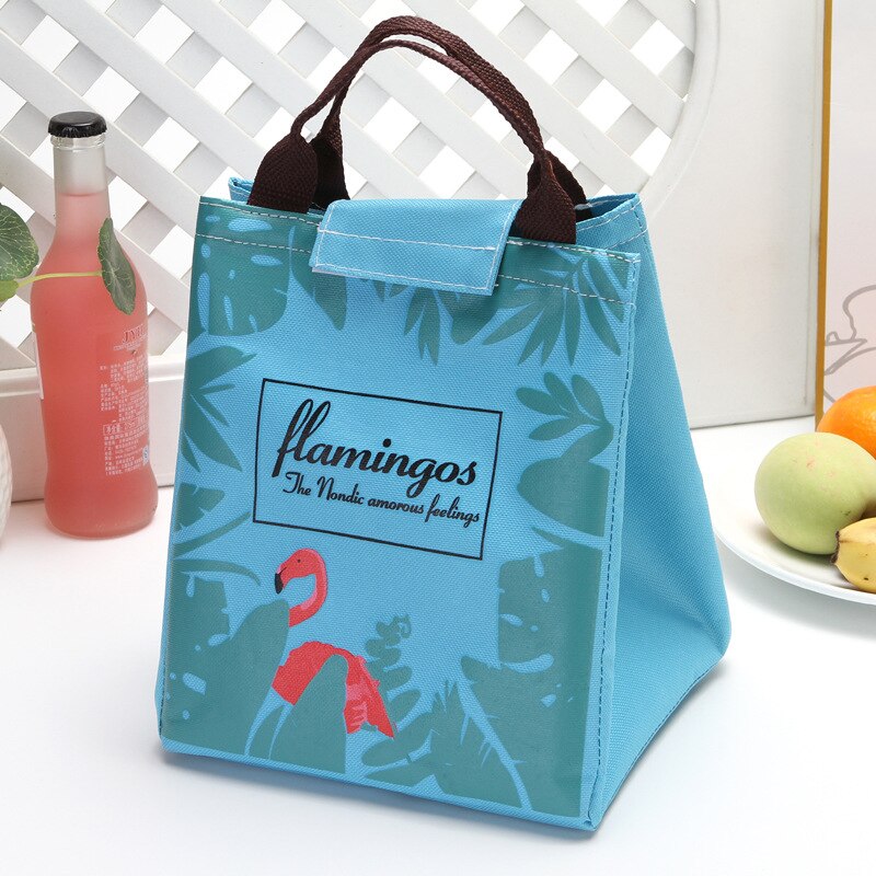 Portable Canvas Cold Proof Lunch Bag Student Cartoon Cute Aluminum Film Lunch Box: Blue flamingo