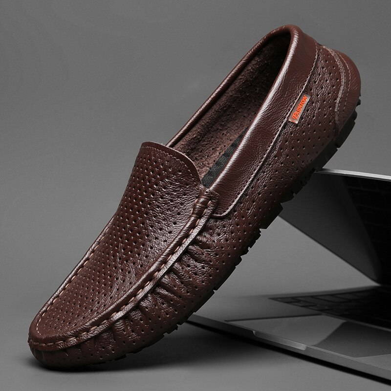Mocasines de cuero genuino para hombre, zapatos planos cómodos de , informales, de conducción, sin cordones, para verano