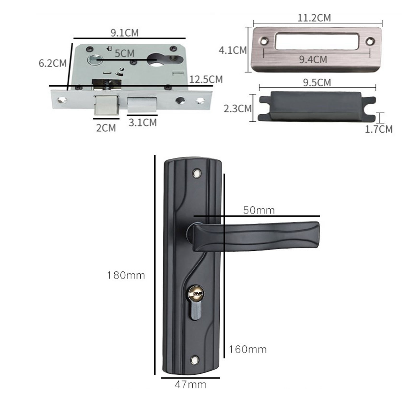Door Handle Lock Keys Set Bedroom Door Lock Set Large Knob Black Smoothly Rotating Silent Bearing for Bathroom