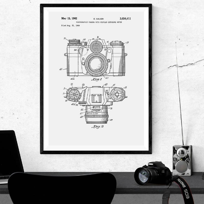 Vintage Camera Patent Poster Wall Art Print, Antieke Camera Canvas Schilderij Retro Blauwdruk Muur Foto Fotografie Decoratie