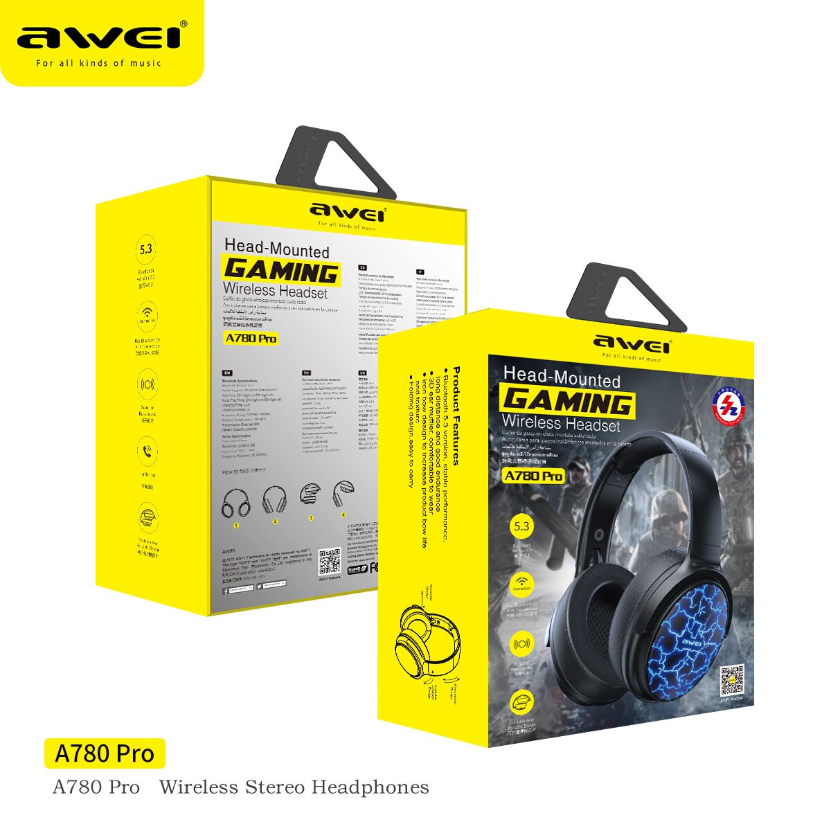 Awei A780 Pro bezprzewodowe słuchawki Bluetooth V5.3 dla bas Stereo dźwięk słuchawki długi na baterie czas gamingowy zestaw słuchawkowy Gamer z mikrofonem