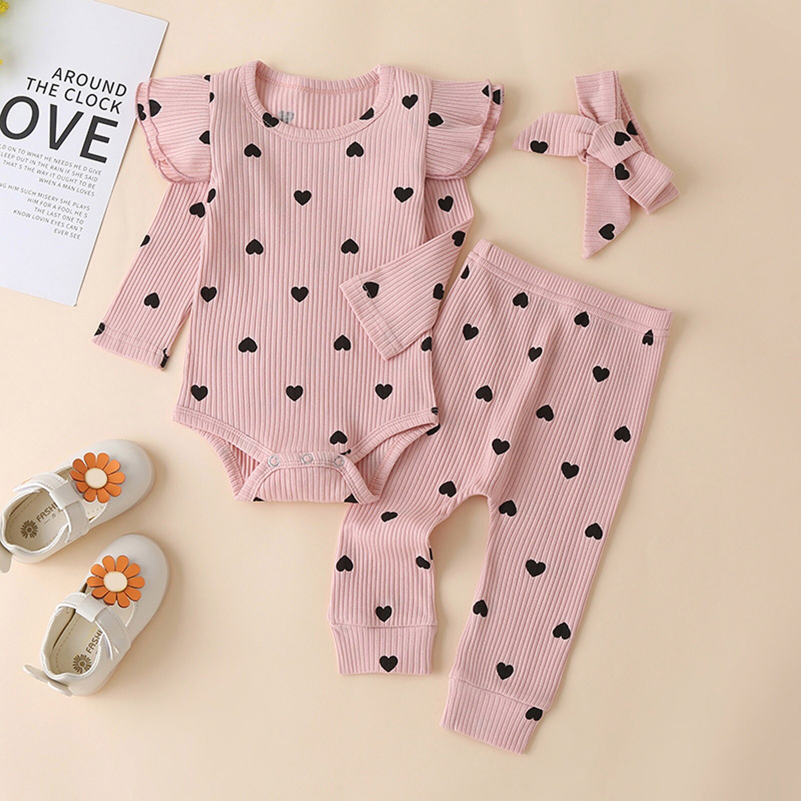 heart Print Jumpsuit Toddler Kids Baby Girls Solid Ruffle Romper+Pants+Bowknot Headbands Outfits Warm roupa infantil menina