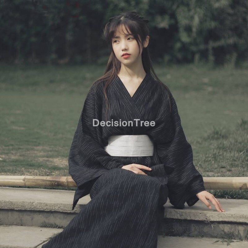 kimono japanese kimono mujer yukata japan kimono dress traditional japanese dress yukata women black kimono: color2 with belt / S