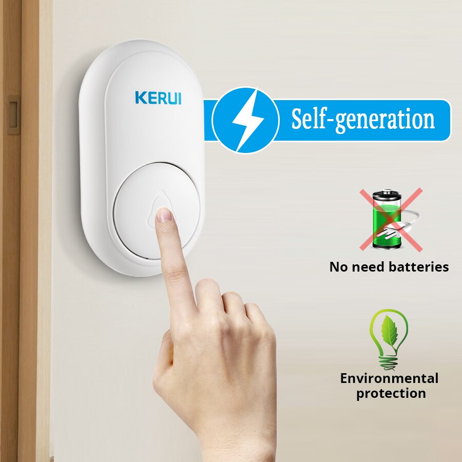 KERUI Wireless Doorbell Self Power Generation Home Welcome Chimes DoorBell Smart Mute Mode 52 Songs LED Light No Need Battery