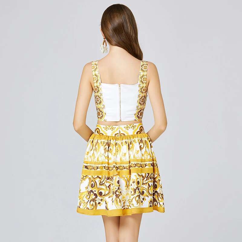 Runway Summer Golden Yellow Floral Two Piece Women Skirts Sets Sexy Crop Tops Corset Mini Short Skirts Suits