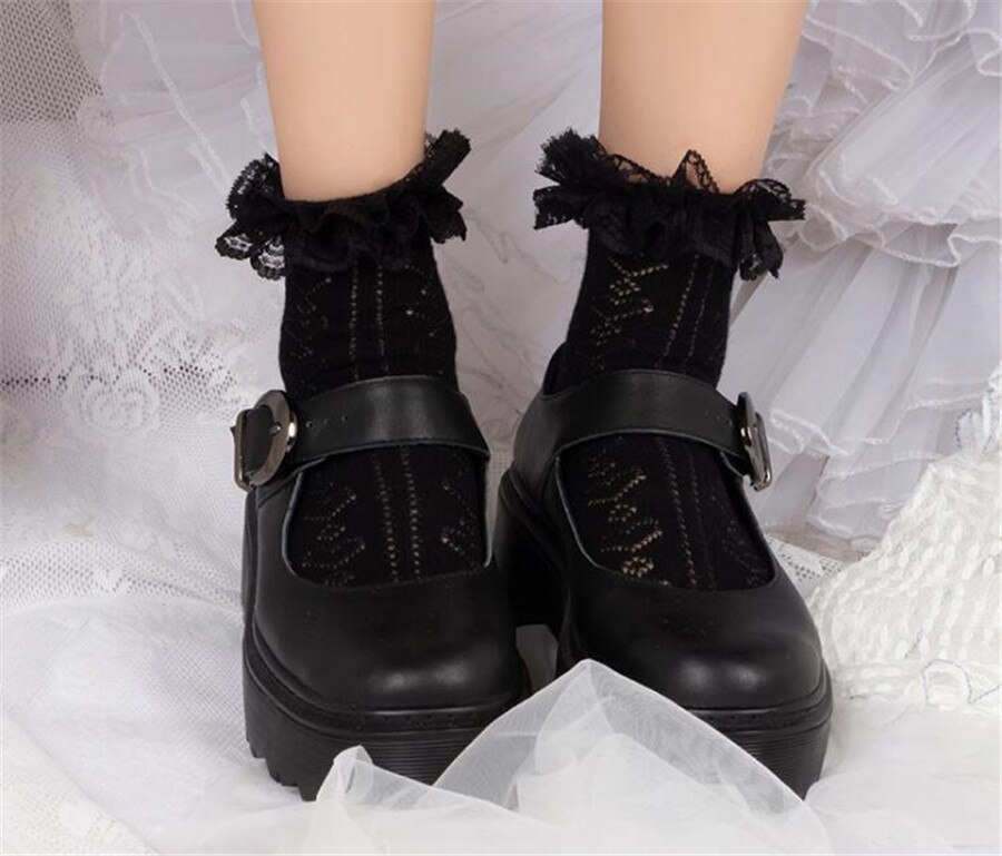 Femmes filles dentelle à volants froufrous cheville chaussettes Harajuku mignon coeur Vintage rétro fleur dame princesse chaussettes D346: black