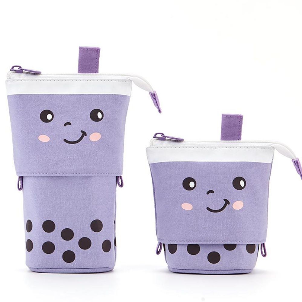 Leuke Boba Milktea Potlood Bagtelescopic Pen Houder Stand Up Etui Kawaii Cosmetica Zakje Make-Up Tas Briefpapier Organizer: A-purple