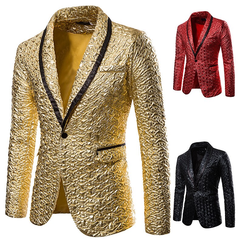Shiny Gold Glitter Suit Jacket Men Shawl Collar One Button Blazer Jacket Mens Party Wedding Stage Groom Prom Dress Blazers Coat
