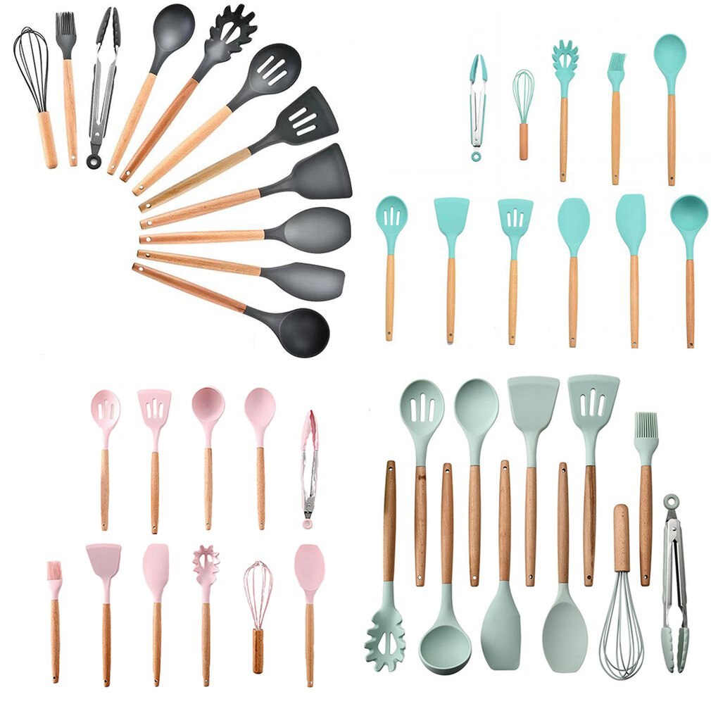 Wooden Handle Silicone Kitchen Ware Storage Non-Stick Spatula Kitchen Utensils silicone cooking tool set