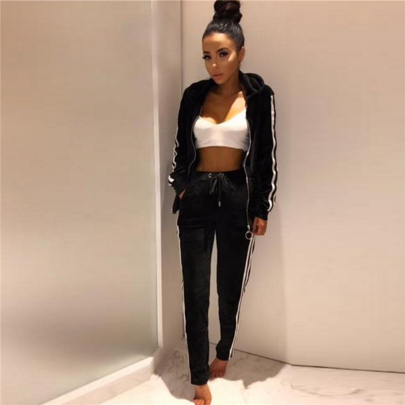 Hooded Gestreepte Zachte Pak Set Vrouwen Trainingspak Tweedelige Sport Stijl Outfit Jogging Sweater Fitness Lounge Sportwear