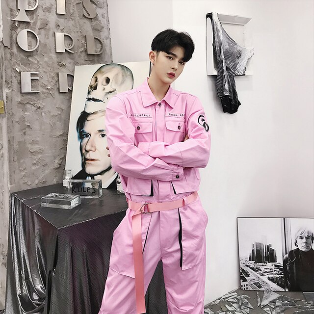 Spring Autumn streetwear Jumpsuit Men Rompers One Piece Overalls Mens Casual Multi Pockets Pants Male Clothes: S / pink