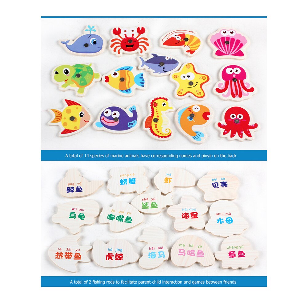 Wooden Two-Pole Sea Animal Fishing Magnetic Toys Set Early Education Game
