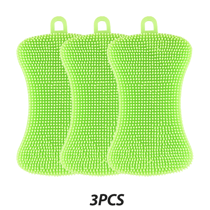 3Pcs Silicone Dish Washing Brush Pot Pan Sponge Kitchen Cleaning Brush Silicone Scouring Pad Vegetable Fruit Pot Pan Wash Brush: green