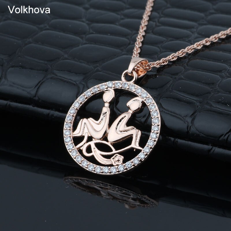 Volkhova 12 Zodiac Constellations Pendant Necklaces For Women Men 585 Rose Gold Cubic Zirconia Jewelry: Gemini