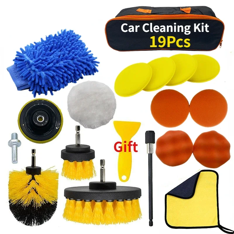 PKWKS Kit de limpieza de coche, juego de cepillos para detalles de taladro, rejillas de ventilación de aire acondicionado, pulidor de toallas, herramientas para detalles de automóviles: Negro
