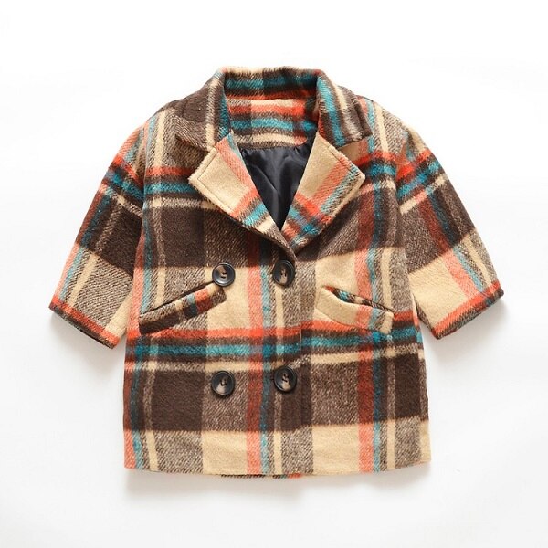 Meisjes wollen overjas herfstoutfit meisjes 1-5 jaar koreaanse versie katoenen sandwich lange warme geruite wollen jas