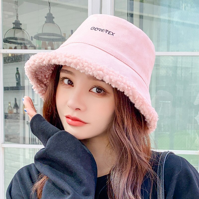 Gorro sombrero de pescador de lana oveja para mujer Otoño e Invierno estilo coreano salvaje pequeño arte fresco gorro de lavabo: Rosa