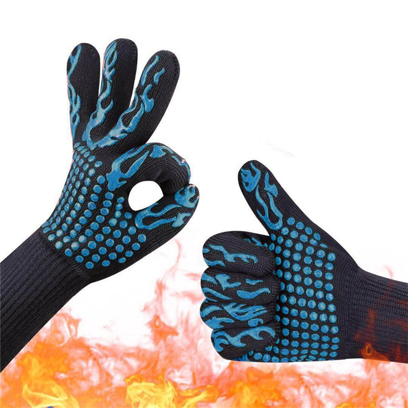 1 par bbq handsker varmebestandig tykke silikone handsker madlavning bagning grill ovn handsker bbq grill vanter køkkenredskaber: Blå