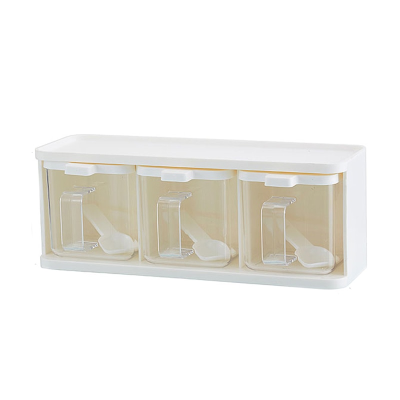 Herb Spices Storage Condiment Jar Cooking Spice Rack 3 Grids Spoon Kitchen With Lid Container Seasoning Box