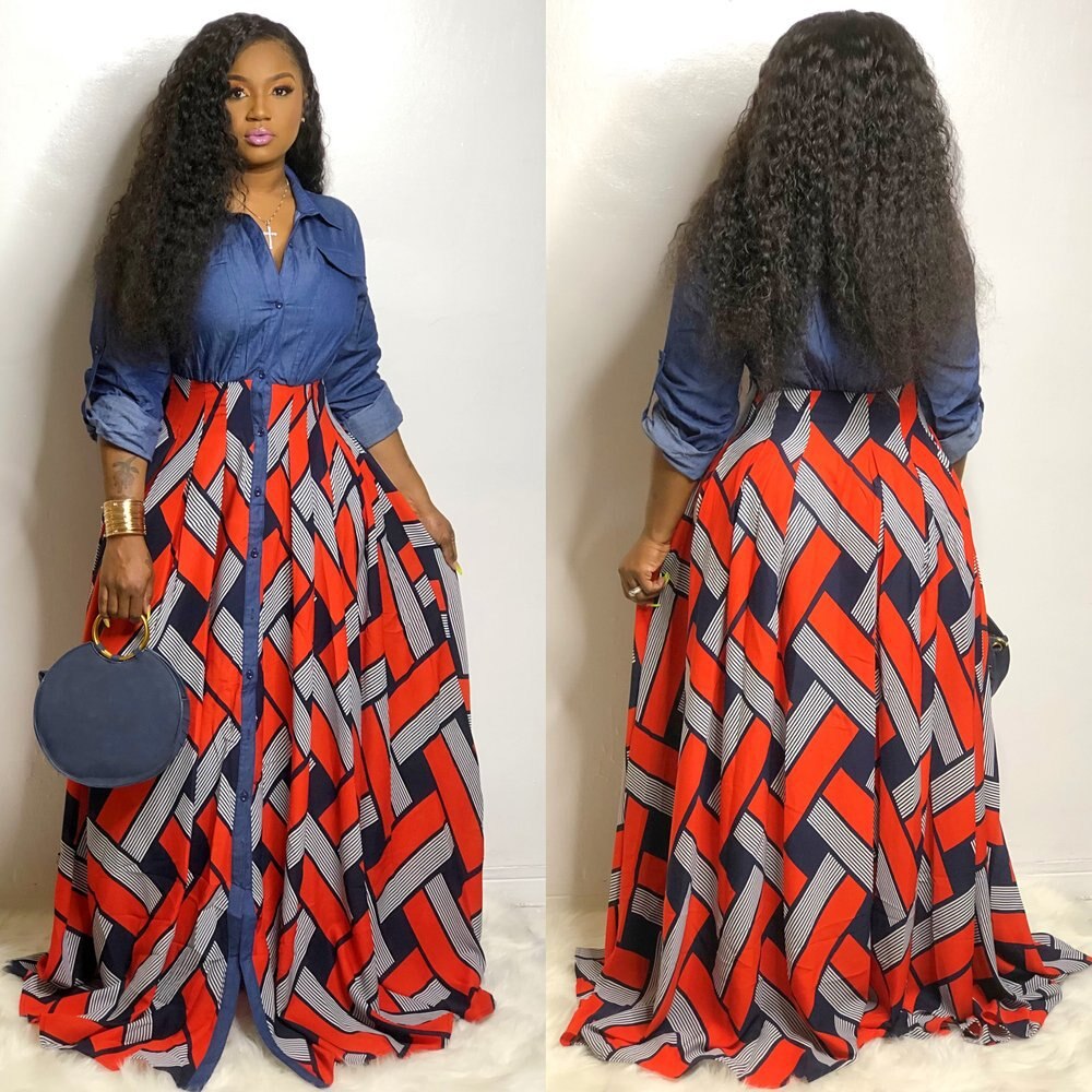Big Swing African Maxi Dresses For Women Denim Patchwork Robes Gown African Party Dress Vestidos