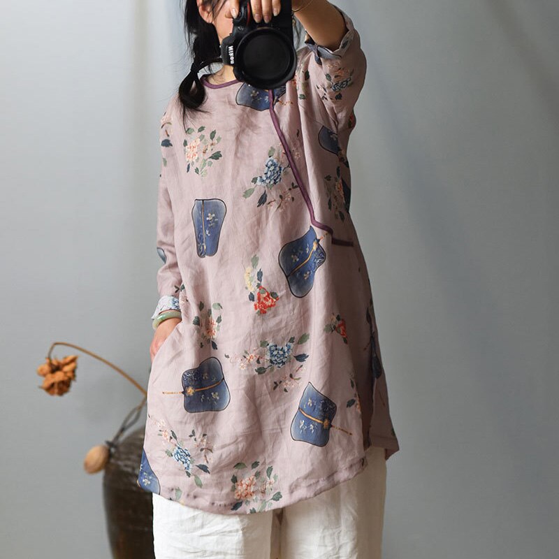 Johnature Herfst Vintage Print Bloemen Shirts Voor Vrouwen Ramee O-hals Lange Mouw Blouses Losse Vrouwelijke Lange Shirts Tops