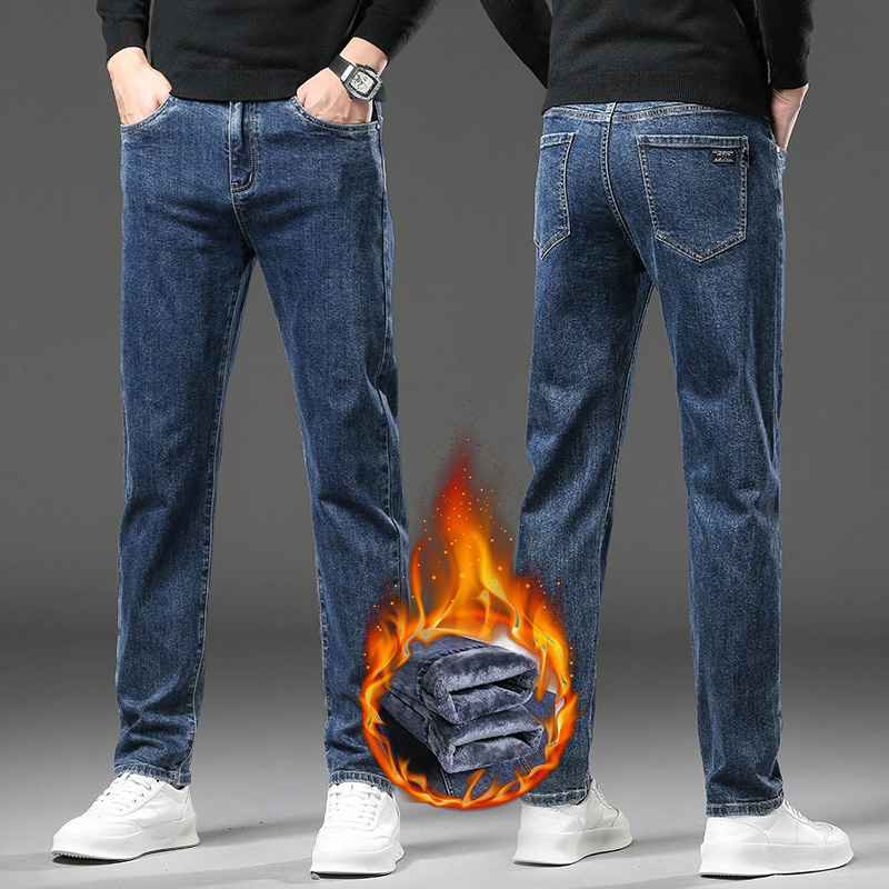 Winter Fleece Thick Warm Jeans Men's Slim Straight Elastic Denim Pants Casual Male Clothing Plush Trousers