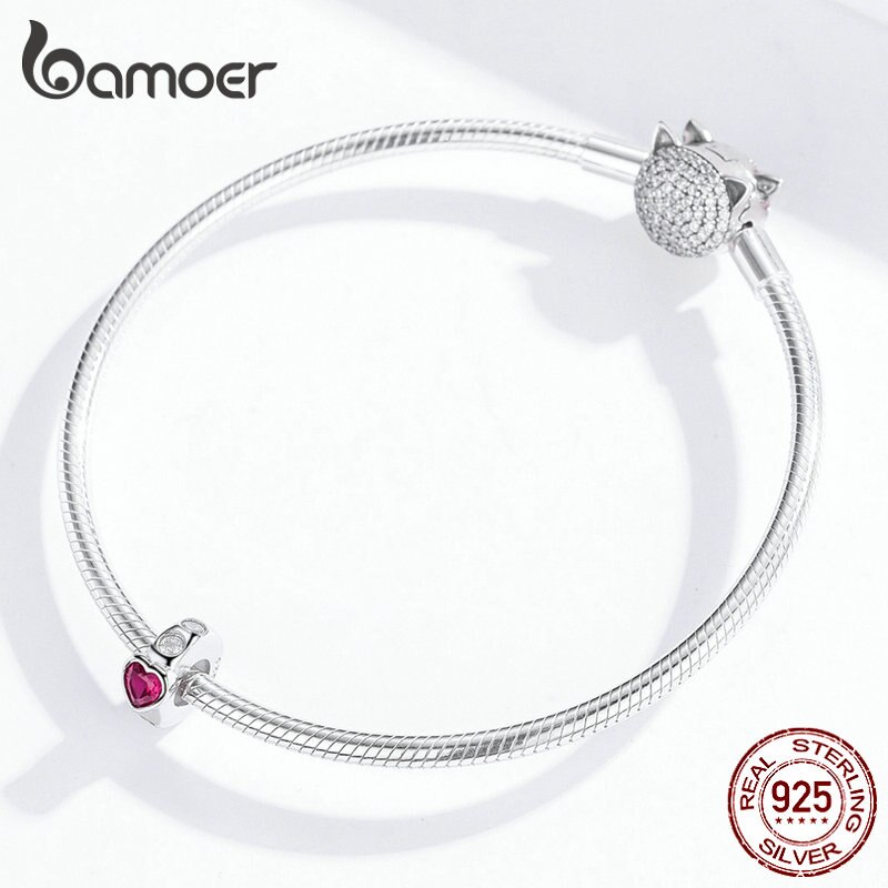 Bamoer 925 prata esterlina coração anéis contas para as mulheres prata charme pulseiras cz pedra diy jóias fazendo acessórios bsc123