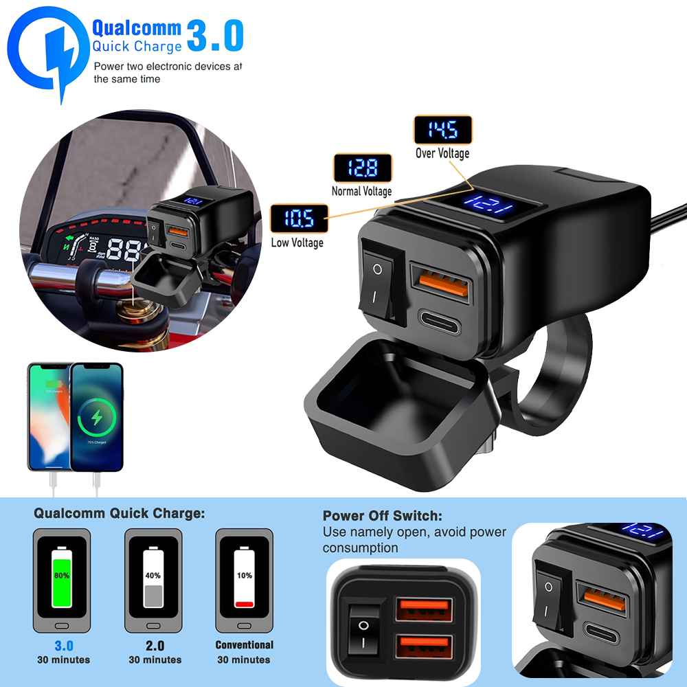 PD QC3.0-cargador celular rápido USB para motocicleta, conector de enchufe de puerto tipo C resistente al agua con voltímetro móvil, carga Digital