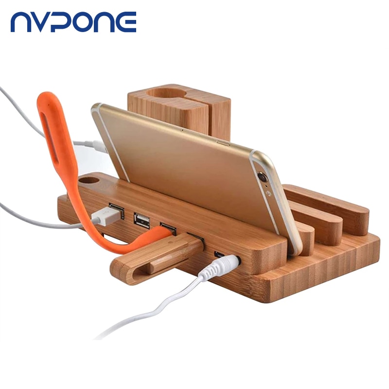 4 Usb Laadstation Voor Apple Horloge Snelle Opladen Dock Bamboe Hout Charger Stand Houder Voor Iphone Ipad Ipod Samsung xiaomi