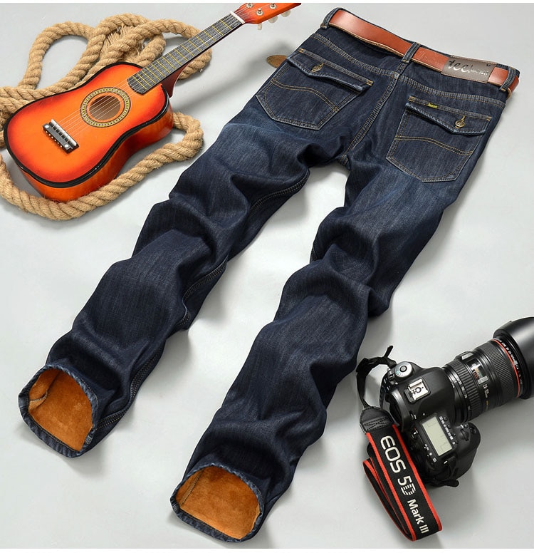 Mænds vintervarme plus velour straight jeans klassiske tykke fleece denimbukser til mænd plus store bukser