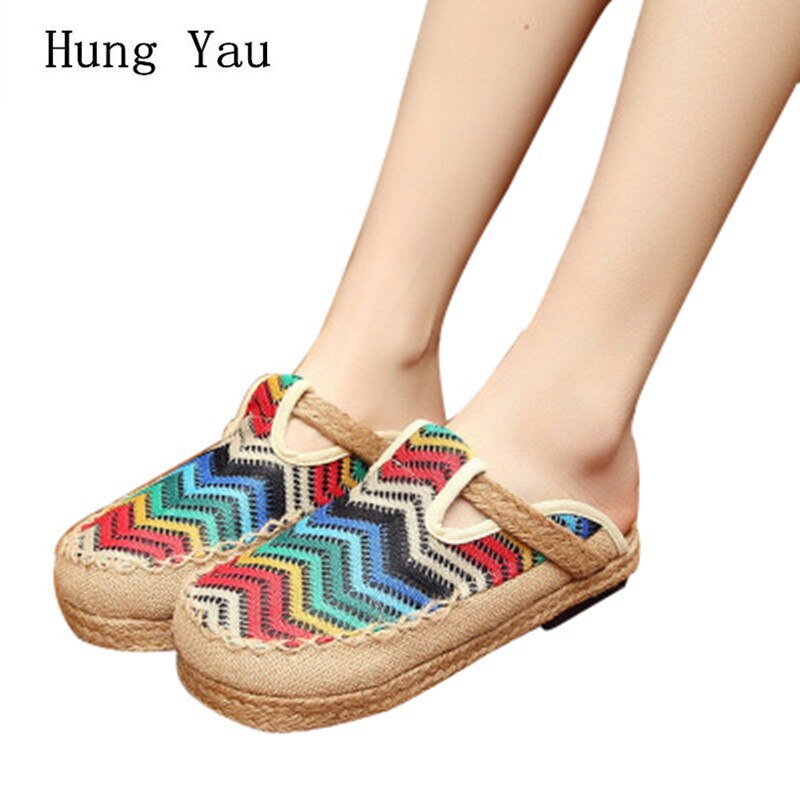 Kvinnor skor tofflor färgglad nationell stil hampa väv vår sommar rund tå flip flop platt plattform loafer