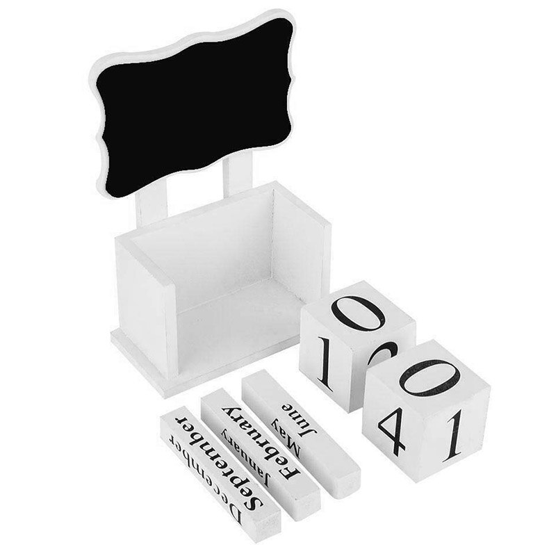 Wooden Block Calendar with Chalkboard - White - Organizer and Planner - Perpetual Desk Calendar