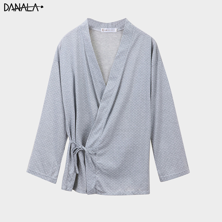 DANALA Casual Man Kimono Pajamas Sets Polka Dot Long Sleeve Comfortable Sleepwear Home Wear