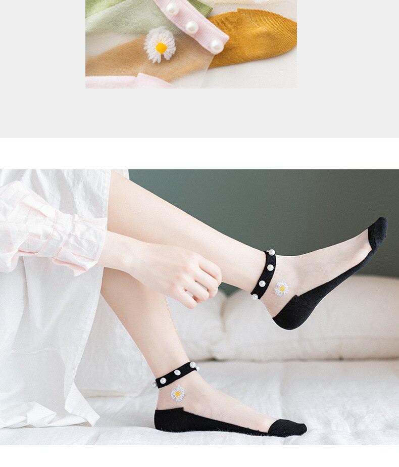 Breathable Thin Socks Women Summer Transparent Lace Socks with Pearl Lady Glass Silk Cotton Mesh Daisy Socks Nylon Ankle Socks