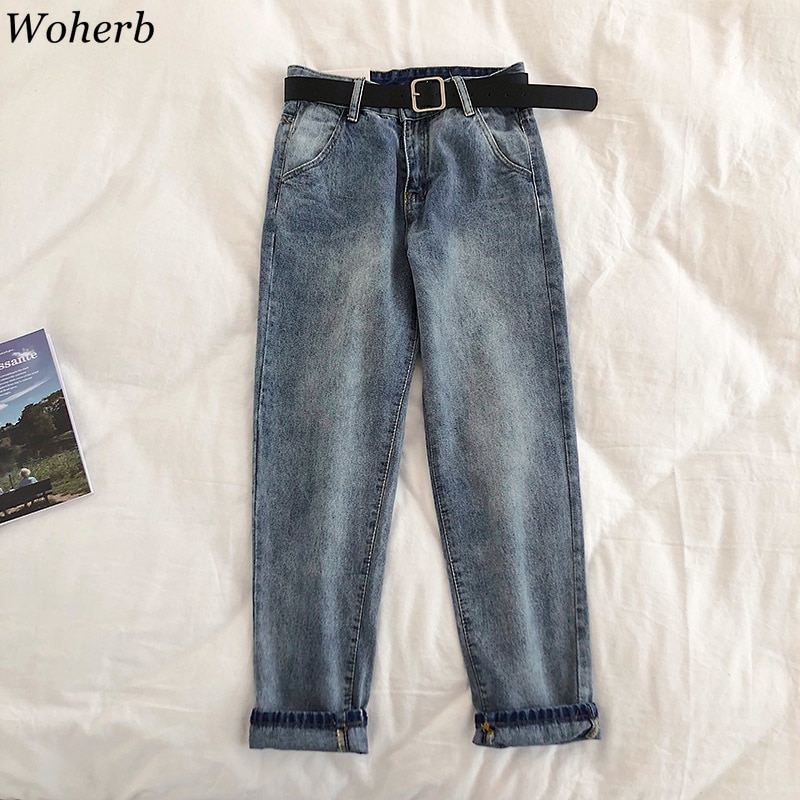 Woherb vintage dam boyfriend jeans för kvinnor mamma jeans med hög midja casual penna byxor koreanska streetwear bälte jeansbyxor