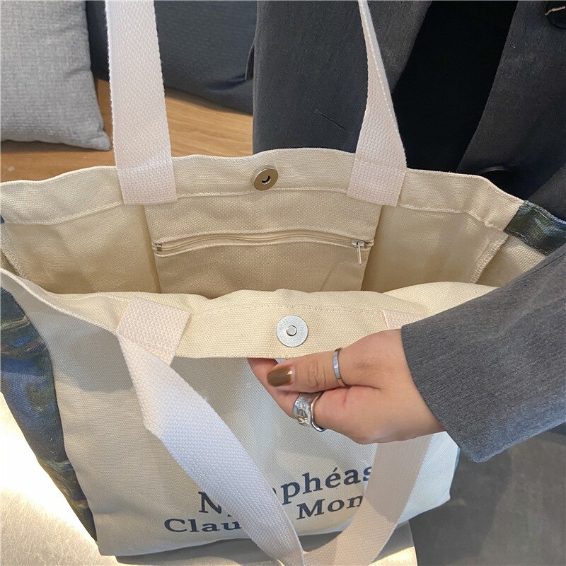 Große damen-einkaufstasche aus canvas, umweltfreundlich und wiederverwendbar, aus baumwollstoff, tragetasche, schultertasche für damen, lässige einkaufstasche, strandtasche