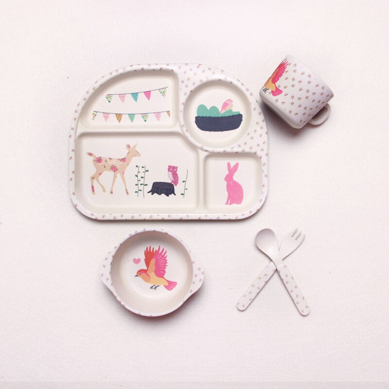 5 stuks babyservies van bamboevezel, babybord, kinderen, cartoon, scheidingsbord, kom, vork, lepel, beker, voedingsbenodigdheden: 001